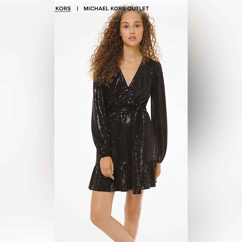 Michael Kors Black Sequin Long Sleeve Crossover Midi Dress Shimmering Nwt Xs